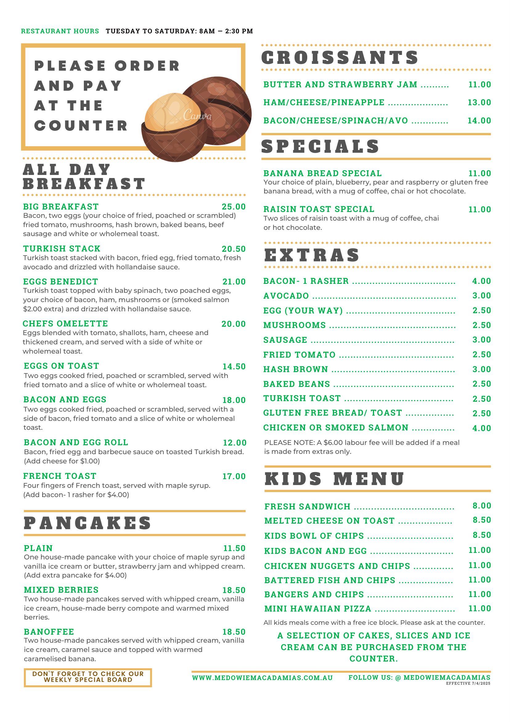 Lunch Menu, Medowie Macadamias